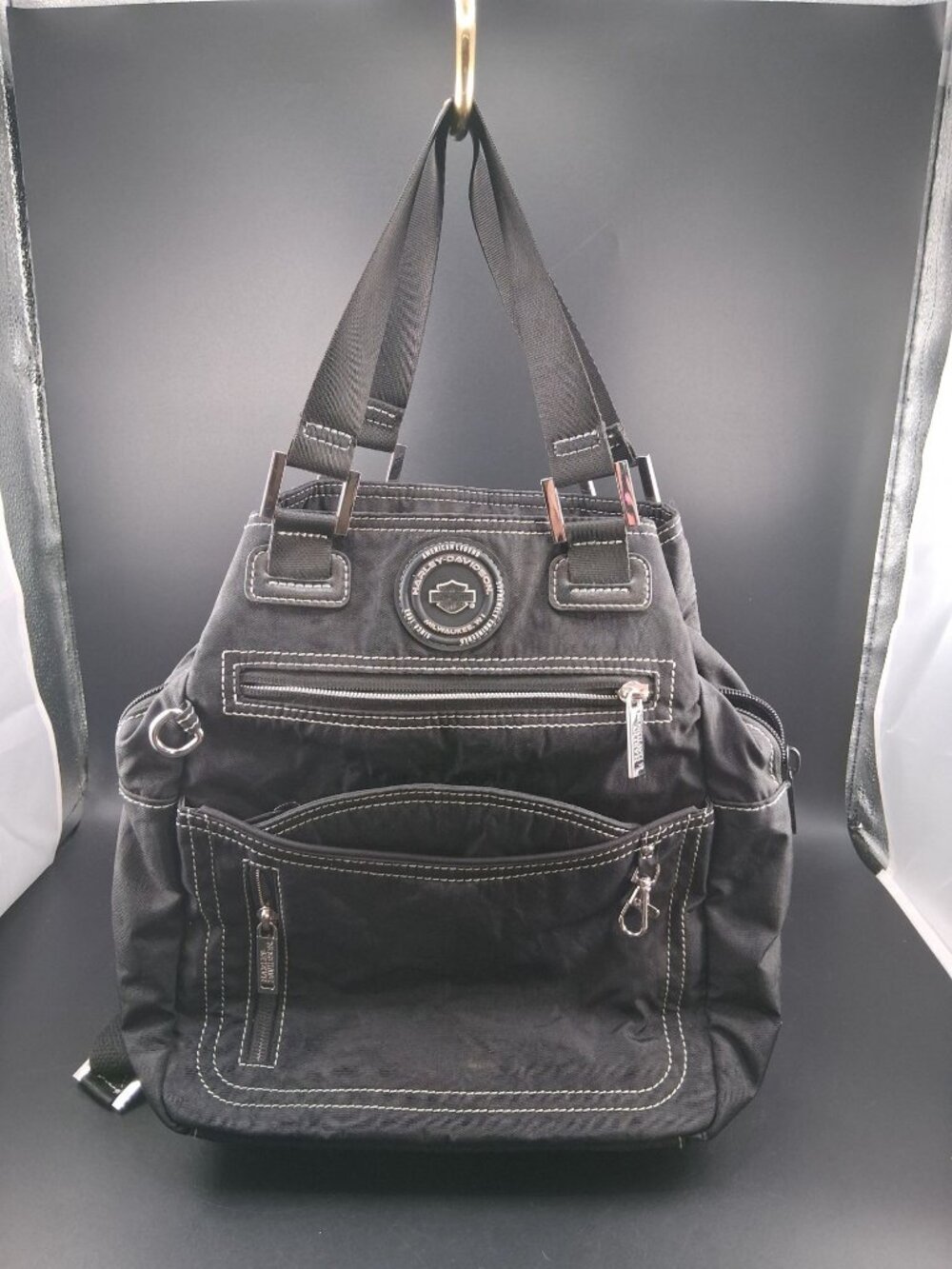Harley-Davidson Black Canvas Backpack With Multiple Pockets & White Stitching